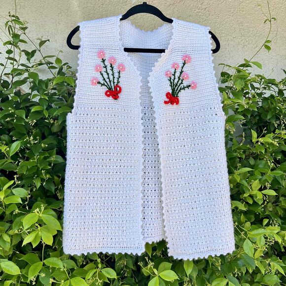 Vintage Sweaters - Vintage Crochet Knit Vest Floral Embroidery White Pink Womens OS
